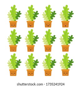 Set of hygge potted kawaii emoticon emoji plants.