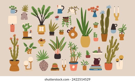 Set of hygge potted plants. Cozy interior elements. Trendy style urban jungle green decor. Perfect for social media posts, cards and posters. All elements are isolated.