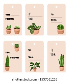 Set of hygge potted succulents gift tags. Cozy lagom scandinavian style collection of labels