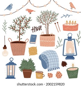 Set of hygge summer elements with text. Hand drawn flat vector illustration of cute interior decorations. Cozy mood elements of country life for evenings on the veranda. Scandinavian lifestyle