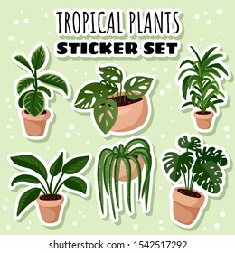 Set of hygge tropical potted succulent plants stickers. Cozy lagom style collection of plants labels