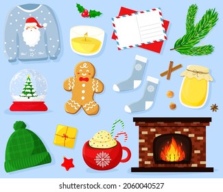 Set of hygge winter holiday essentials including Christmas elements. Vector illustration flat.