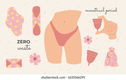 Set of hygiene and body care items during menstruation period. Zero waste objects menstrual cup, fabric reusable pads, eco bags. Vector illustration, isolated on yellow background. 