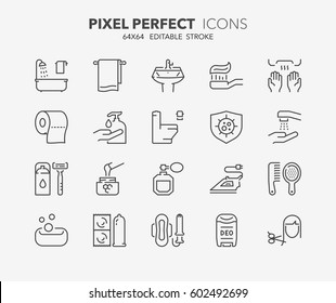 Set of hygiene and cleaning thin line icons. Contains icons as health care, antibacterial cleaning, corporal hygiene, dental hygiene and more. Editable vector stroke. 64x64 Pixel Perfect.