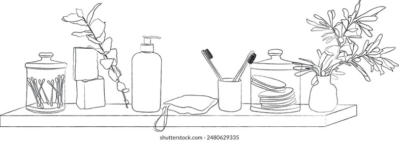 Set of hygiene and decoration elements for bathroom shelf vector line art