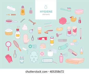 The set of hygiene elements on green background, flat cartoon vector illustration