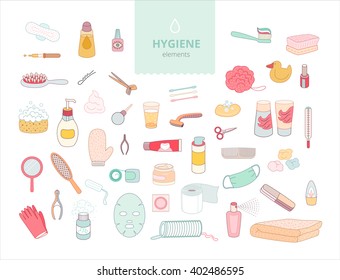 The set of hygiene elements on white background, flat cartoon vector illustration