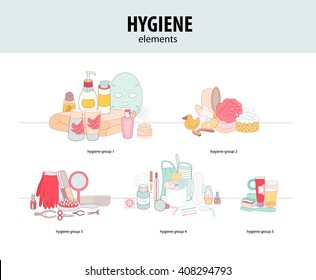 The set of hygiene grouped elements on white background, flat cartoon vector illustration