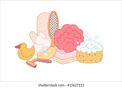 The set of hygiene grouped elements on white background, flat cartoon vector illustration