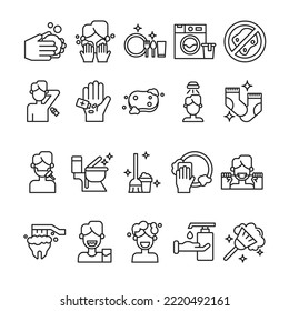 Set Of Hygiene Icon With Outline Style. Contains such Icons as Laundry, Shampoo, Hand sanitizer, Hand Washing, Etc. 