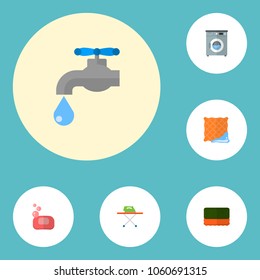 Set of hygiene icons flat style symbols with tap water, washing machine, sponge and other icons for your web mobile app logo design.