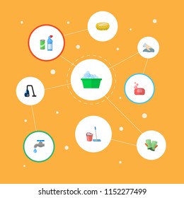 Set of hygiene icons flat style symbols with detergent, vacuum cleaner, washcloth and other icons for your web mobile app logo design.