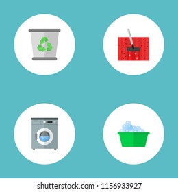 Set of hygiene icons flat style symbols with housekeeping, washcloth, trash bin and other icons for your web mobile app logo design.