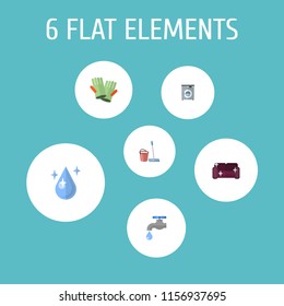 Set of hygiene icons flat style symbols with washing machine, cleaning gloves, drop water and other icons for your web mobile app logo design.