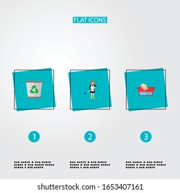 Conjunto de iconos de higiene símbolos de estilo plano con lavado de manos, ayuda doméstica, iconos de basureros para el diseño del logo de tu aplicación móvil web.