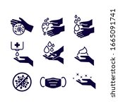 Set of Hygiene icons. The icons as hand wash, soap, alcohol, detergent, anti bacteria and mask. Vector illustrations.