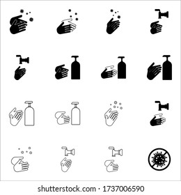 Set of Hygiene icons. The icons as hand wash, soap, alcohol, detergent, anti bacteria on white background