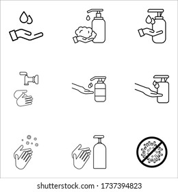 Set of Hygiene icons. The icons as hand wash, soap, alcohol, detergent, anti bacteria on white background