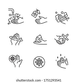 Set of Hygiene icons. The icons as hand wash, soap, alcohol, detergent, anti bacteria and virus protection. Editable vector EPS 10.