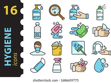 Set of Hygiene icons in a modern flat style. Simple linear vector symbols in color.
