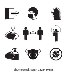 Set of Hygiene icons. Icons with practical tips for the prevention of COVID19. 