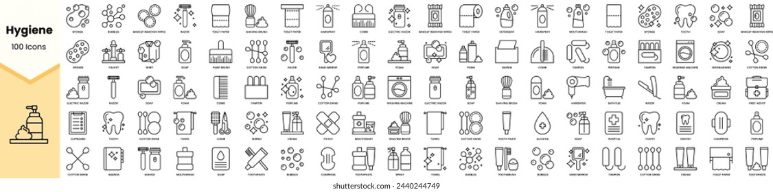 Conjunto de iconos de higiene. Paquete de iconos de estilo de arte de línea simple. Ilustración de vector