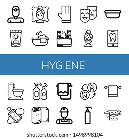 Set Of Hygiene Icons Such As Dentist, Sunscreen, Spa, Bathtube, Gloves, Sauna, Masks, Facial Mask, Surgical Tray, Tooth, Wc, Soap, Shampoo, Toilet Paper, Towel, Plumber , Hygiene