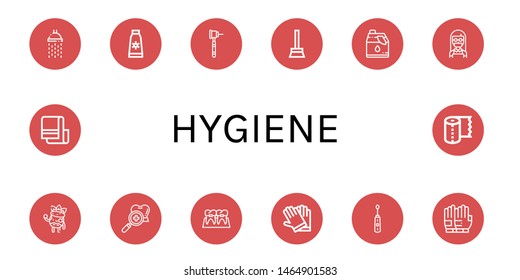 Set of hygiene icons such as Shower, Sun cream, Dental drill, Broom, Cleaner, Maid, Facial treatment, Dental checkup, Braces, Gloves, Electric toothbrush, Towel, Paper towel , hygiene