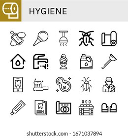 Set of hygiene icons. Such as Toilet paper, Soap, Nasal aspirator, Shower, Cockroach, Paper roll, Plumbing, Faucet, Facial mask, Cleaner, Plunger, Tooth, Tooth Brush , hygiene icons
