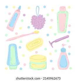 A set of hygiene items. Bathroom, shower. Flat vector illustration