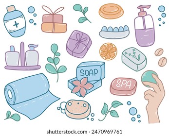 Set of hygiene items colored doodle sketch style set. Jars of shampoo, shower gel, bar of soap, lotion, scrub, soap bubbles clip art. Hand drawn concept of hygiene and body cleanliness, vector graphic