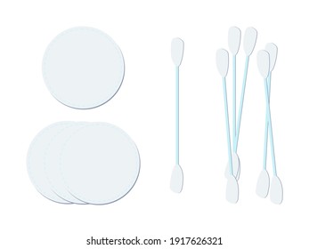 Conjunto de artículos de higiene - toallitas de algodón y palos para los oídos. Colchones para la cara de limpieza, toallitas de algodón para las orejas de limpieza. Productos de higiene, limpieza de la piel, elementos separados aislados en un fondo blanco.