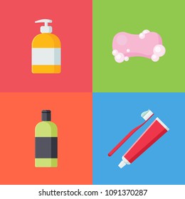 Set of hygiene items in flat style isolated on colorful background. Collection of Soap, liquid soap, Toothbrush with toothpaste and Shampoo vector illustration. Care and clean, bathroom objects.