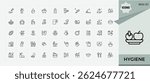 Set of Hygiene line icon. Featuring care, protect, bath, health, wash, medical and more. Minimalist editable vector stroke. Wash icon set. Vector illustration.