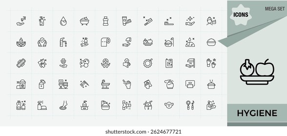 Set of Hygiene line icon. Featuring care, protect, bath, health, wash, medical and more. Minimalist editable vector stroke. Wash icon set. Vector illustration.
