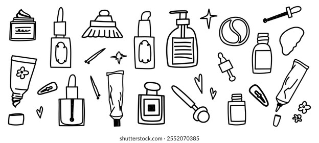 Set of hygiene and makeup elements. Doodle icons for stickers.
