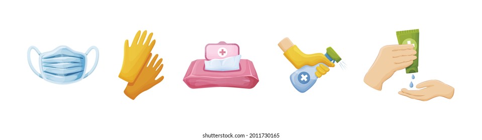 Set hygiene product. Personal tools for cleaning, antibacterial protection, prevention against virus coronavirus. Protective medical mask from coronavirus, gloves, wet wipes, spray in hands vector