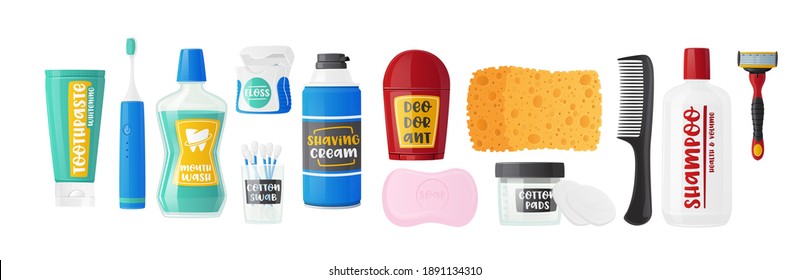 Set of Hygiene Product Tubes and Packages. Shampoo, Brush, Toothpaste, Mouth Wash and Deodorant, Shaving Cream Bottle and Sponge. Body Cosmetics for Personal Daily Care. Cartoon Vector Illustration