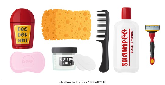 Set of Hygiene Production Deodorant, Soap Bar, Sponge and Cotton Pads in Jar, Comb, Shampoo and Safety Razor Blade. Body Cosmetics for Personal Hygiene Use and Daily Care. Cartoon Vector Illustration