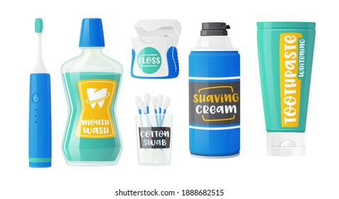 Set of Hygiene Production Electric Tooth Brush, Mouth Wash and Floss, Ear Sticks, Shaving Cream and Toothpaste. Body Cosmetics for Personal Hygiene Use and Daily Care. Cartoon Vector Illustration