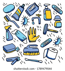 Un conjunto de productos de higiene. Imágenes vectoriales de productos de higiene en azul y amarillo.