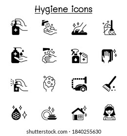 Set of Hygiene related vector icons. contains such Icons as Hand washing, cleaning, healthcare,  soap, wipe, sanitary, broom, and more.