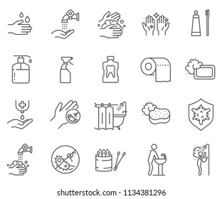 Conjunto de Iconos de Línea Vectorial relacionados con la higiene. Contiene iconos como jabón, lavado de manos, gérmenes, esterilidad y más. 