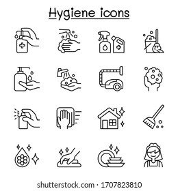 Set of Hygiene related vector line icons. contains such Icons as Hand washing, cleaning, healthcare,  soap, wipe, sanitary, broom, and more.