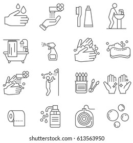 Set of hygiene Related Vector Line Icons. Includes such Icons as washing hands, soap, cleanliness, bath, shower, cotton swabs, toilet paper, shampoo, toothpaste, dental floss