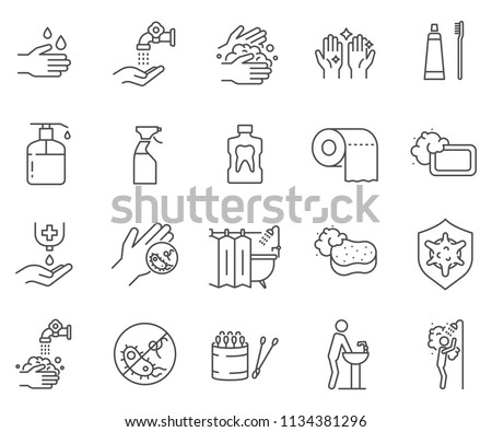 Set of hygiene Related Vector Line Icons. Contains such Icons as soap, hand wash, germs, sterility and more. 