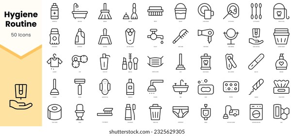 Conjunto de higiene rutinaria Iconos. Paquete de iconos de estilo de arte de línea simple. Ilustración del vector