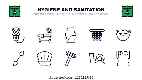 Set von Hygiene- und Sanitäreinrichtungen dünnen Linie Symbole. Hygiene- und Sanitärsymbolen wie Badezimmer, Körperschäumen, Wäschekorb, Bekleidung, Wattestäbchen, Wattestäbchen, Duschhaube, Rasierapparat, Scheuerschutz