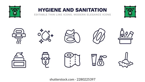 set of hygiene and sanitation thin line icons. hygiene and sanitation outline icons such as purity, gel, hygienic pad, hygiene kit, face cream, face cream, depilator, paper towel, cosmetics, wet