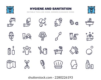 set of hygiene and sanitation thin line icons. hygiene and sanitation outline icons such as ablution, bubbles, parasite, scrub up, cosmetics, body odour, drying hands, cotton, shower cap, lip balm